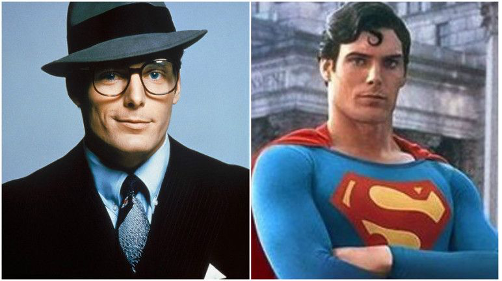 Clark Kent and Superman, side by side.